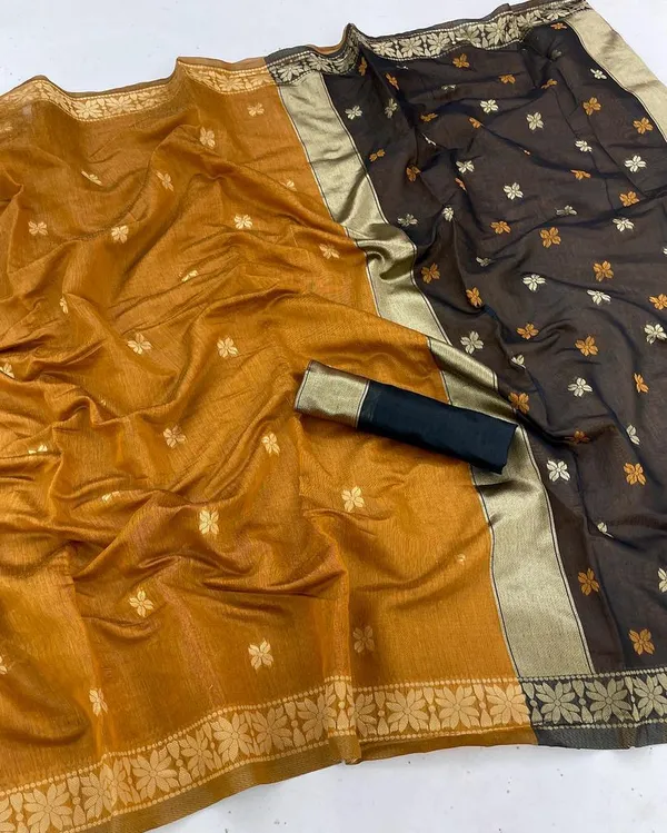 Flamboyant_Yellow_Black_Cotton_Silk_Saree_With_Staring_Blouse_Piece