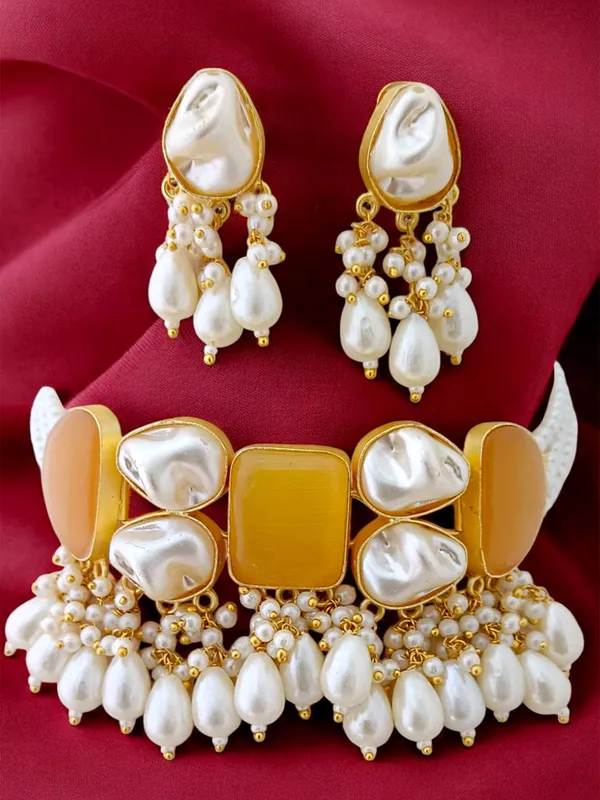 Latest_Designer_Yellow_Choker_Necklace_Set_with_Earring