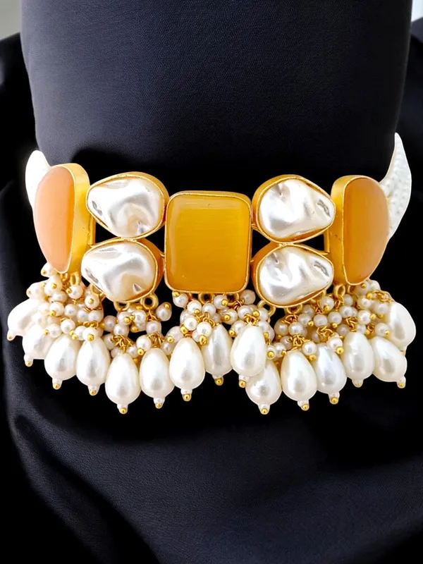 Latest_Designer_Yellow_Choker_Necklace_Set_with_Earring