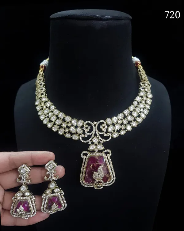 Premium_Quality_Product_Rani_Kundan_Stone_Based_Necklace_with_Earring
