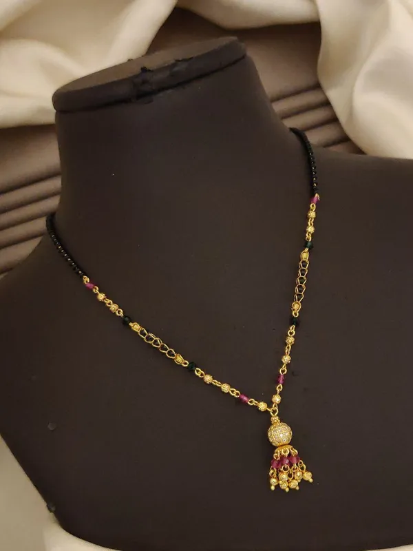 1-Gram_Gold_Polish_Short_Mangalsutra_Necklace_|_American_Diamond_Barrel_Centerpiece_Daily_Wear_Tanmaniya