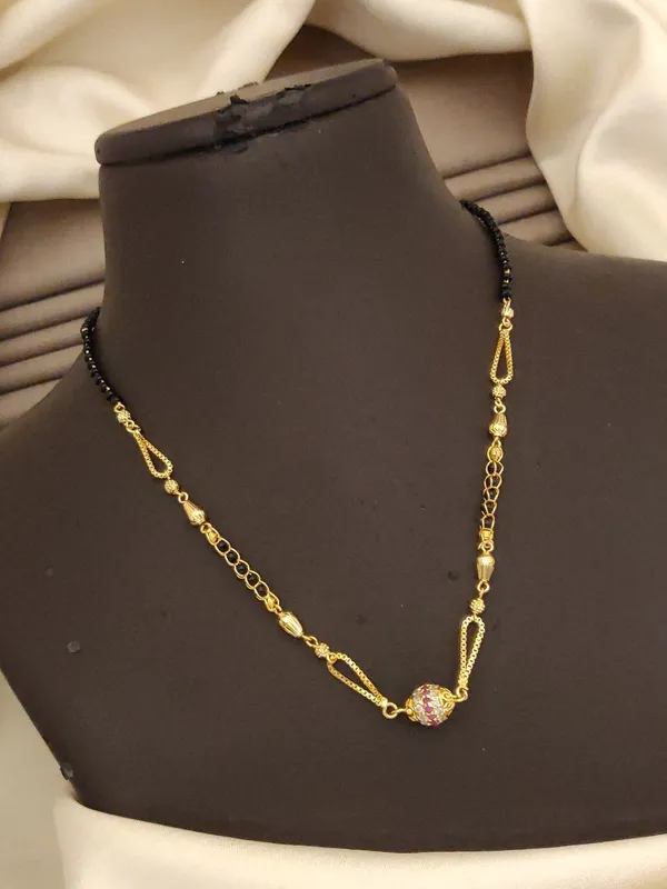 1-Gram_Gold_Polish_Short_Mangalsutra_Necklace_|_American_Diamond_&_Pink_Stone_Round_Pendant_Daily_Wear_Black_Beads_Chain