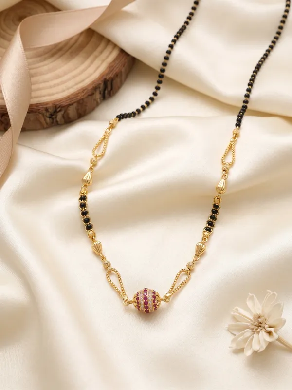 1-Gram_Gold_Polish_Short_Mangalsutra_Necklace_|_American_Diamond_&_Pink_Stone_Round_Pendant_Daily_Wear_Black_Beads_Chain