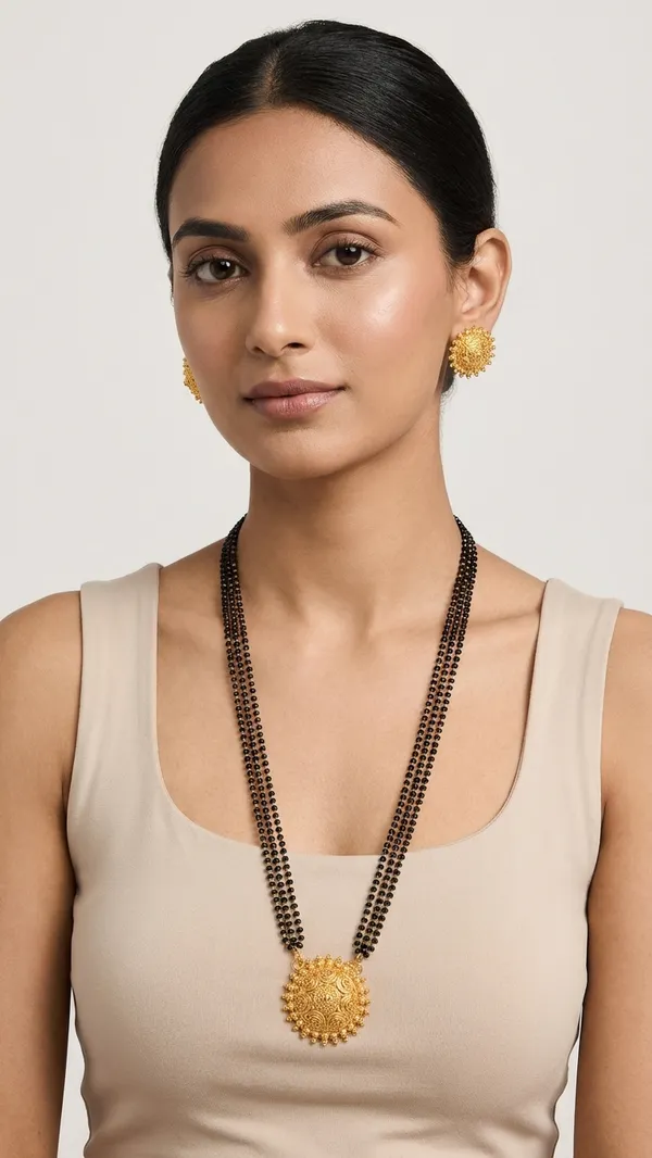 Exquisite_Triple-Strand_Gold-Plated_Mangalsutra_Set_with_Sunburst_Filigree_Pendant_and_Matching_Studs