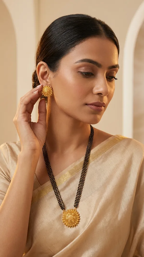 Exquisite_Triple-Strand_Gold-Plated_Mangalsutra_Set_with_Sunburst_Filigree_Pendant_and_Matching_Studs