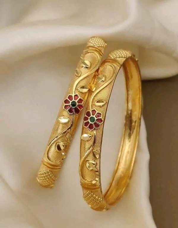 Antique_Gold_Plated_Bangle_Set_with_Floral_Carving_and_Meena_Work
