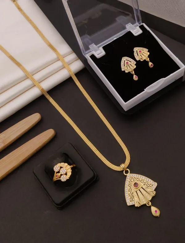 CZ_Stone_Delineated_Gold_Plated_Long_Chain_Set_with_Ruby