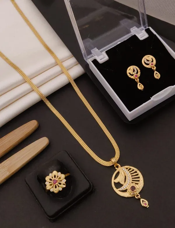 Contemporary_Half-Moon_Pendant_Set_with_Cluster_Flower_Ring_&_Earrings_|_Gold-Plated_CZ_&_Ruby_Accent