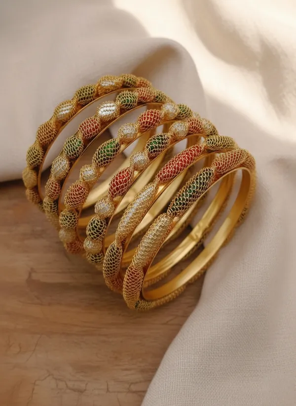 Handcrafted_Gold-Plated_Wire-Mesh_"Jali"_Bangles_with_Multi-Color_Beads