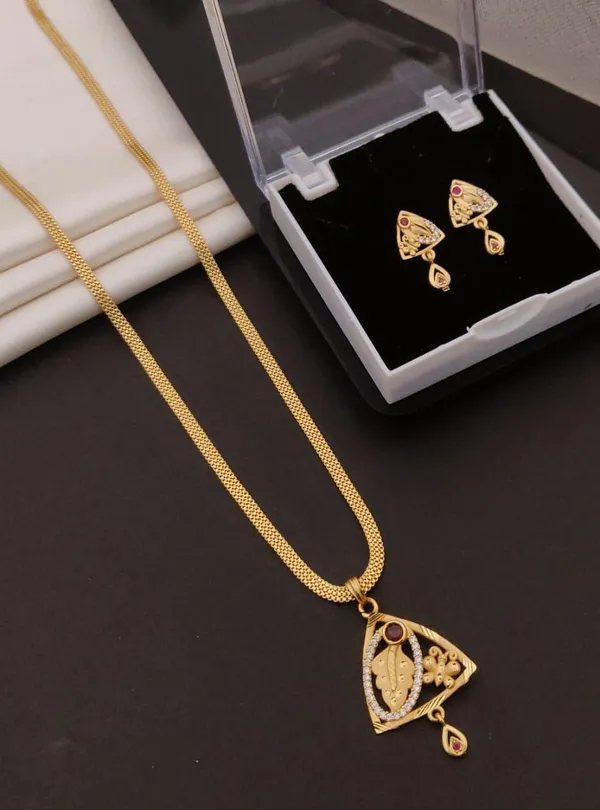 Designer_Antique_Gold-Plated_Pendant_&_Earring_Set_with_Ruby_Stone_–_Stylish_Triangle_Shape_Jewelry_Set