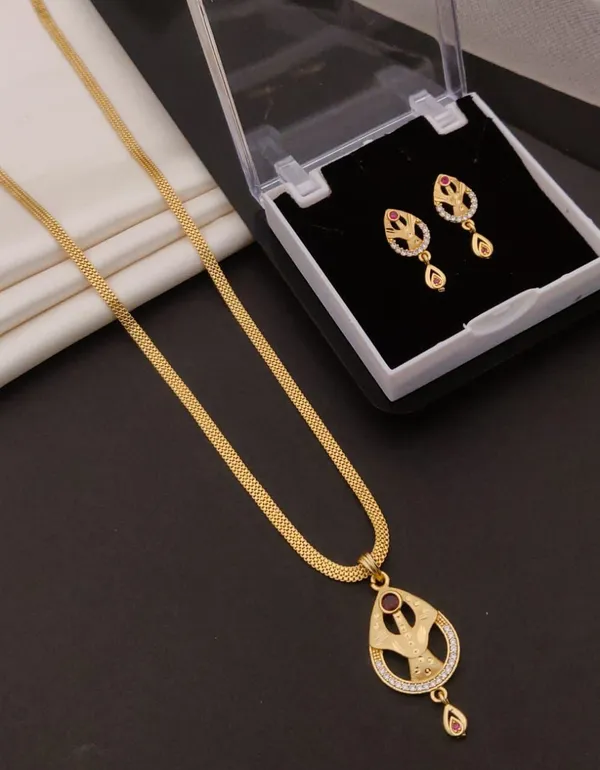 Designer_Gold-Plated_Teardrop_Pendant_&_Earring_Set_with_Ruby_Stone_–_Premium_Mesh_Chain_Jewelry