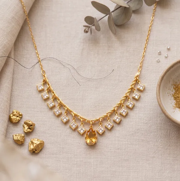 Elegant_Gold_Plated_Square_Crystal_Necklace_with_Teardrop_Pendant_|_VIHAL_JEWELLERY