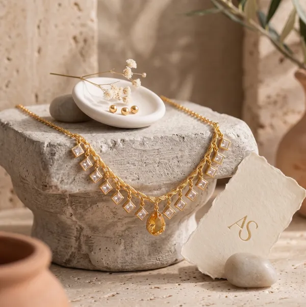 Elegant_Gold_Plated_Square_Crystal_Necklace_with_Teardrop_Pendant_|_VIHAL_JEWELLERY