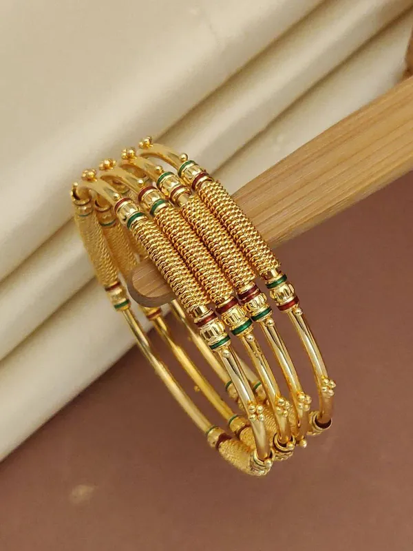 Elegant_Gold-Plated_Textured_Bangles_With_Green_&_Maroon_Accents_(Set_of_4)
