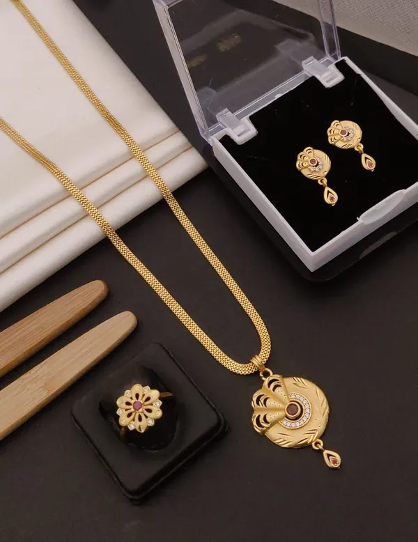 Elegant_Oval_Pendant_Set_with_Symmetric_Leaf_Motif_|_Gold-Plated_CZ_&_Ruby_Stud_Earrings