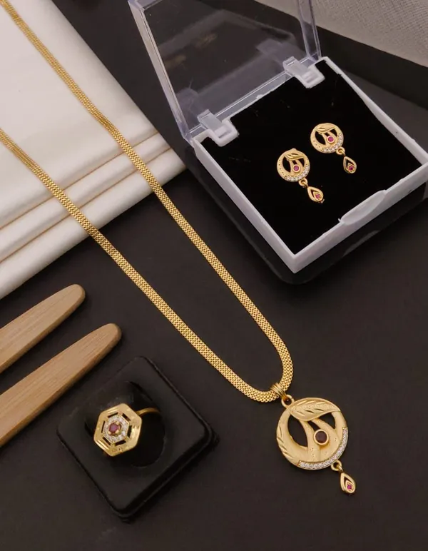 Elegant_Oval_Pendant_Set_with_Symmetric_Leaf_Motif_|_Gold-Plated_CZ_&_Ruby_Stud_Earrings
