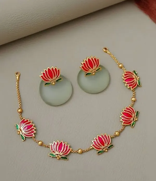 Elegant_Pink_Lotus_Enamel_Necklace_with_Matching_Stud_Earrings