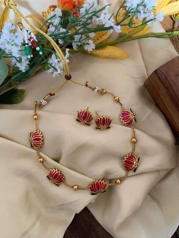 Elegant_Pink_Lotus_Enamel_Necklace_with_Matching_Stud_Earrings