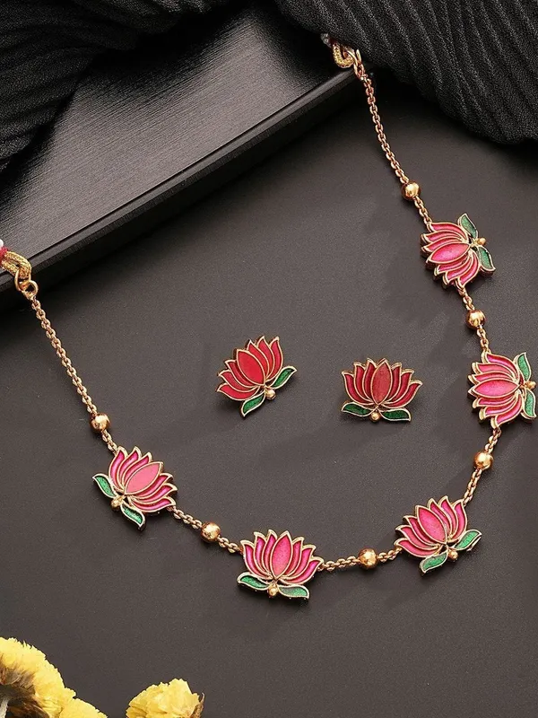 Elegant_Pink_Lotus_Enamel_Necklace_with_Matching_Stud_Earrings