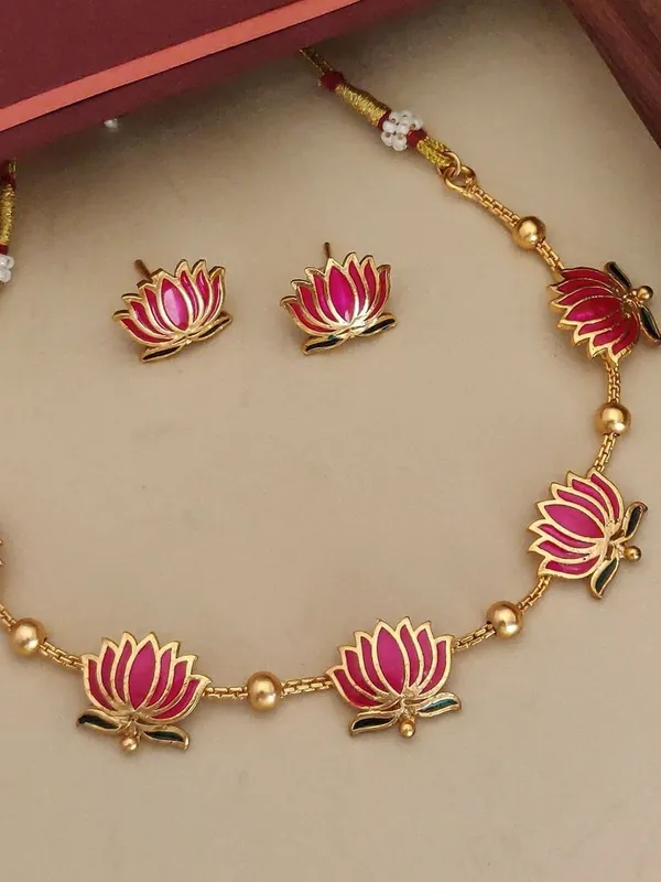 Elegant_Pink_Lotus_Enamel_Necklace_with_Matching_Stud_Earrings
