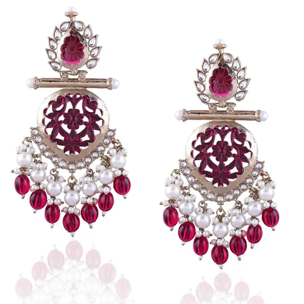 Elegant_Regal_Carved_Magenta_Beaded_&_Kundan_Crystal_Drop_Chandelier_Earrings