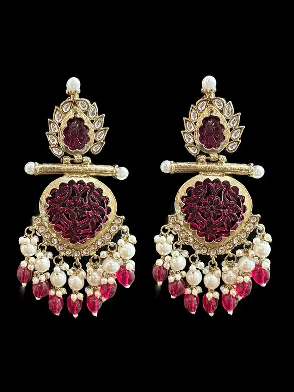 Elegant_Regal_Carved_Magenta_Beaded_&_Kundan_Crystal_Drop_Chandelier_Earrings