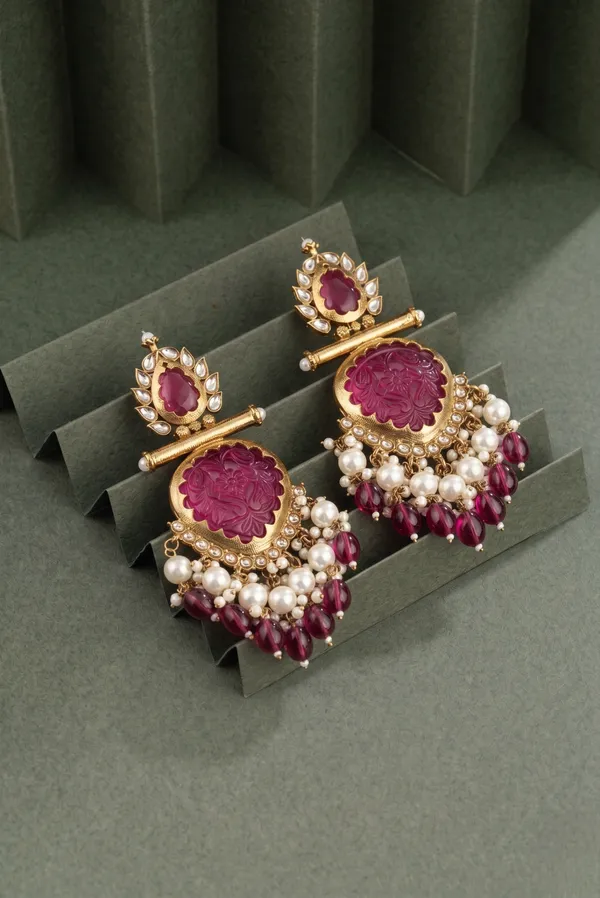 Elegant_Regal_Carved_Magenta_Beaded_&_Kundan_Crystal_Drop_Chandelier_Earrings