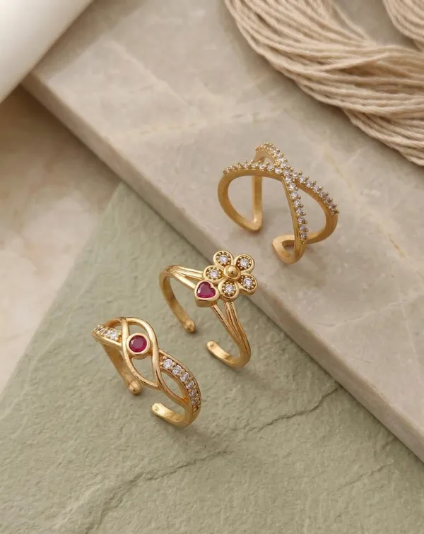 Gold-Plated_Adjustable_Ring_Set_of_3_–_Ethnic_Floral_&_Infinity_Designs_with_Ruby_and_Zircon_Accents