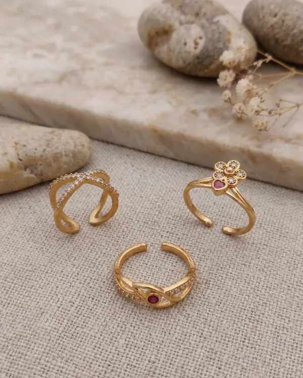 Gold-Plated_Adjustable_Ring_Set_of_3_–_Ethnic_Floral_&_Infinity_Designs_with_Ruby_and_Zircon_Accents