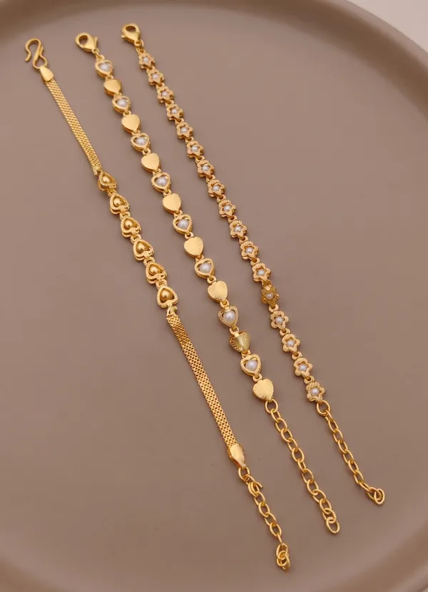 Gold-Plated_Bracelet_Combo_for_Women_-_Set_of_3_Heart_&_Floral_Designer_Bracelets_with_White_Pearl_Embellishments