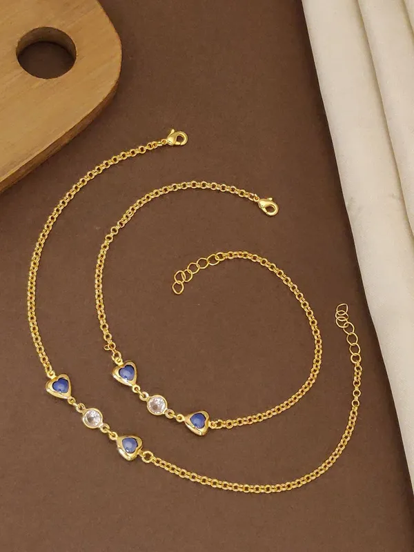 Gold_Plated_Dark_Blue_hearts_and_White_Round_cut_diamond_Anklet_Set_for_Women