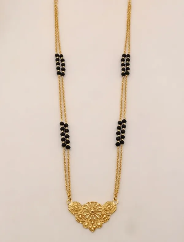 Gold-Plated_Floral_Pendant_Double-Layer_Mangalsutra_with_Classic_Black_Bead_Detail