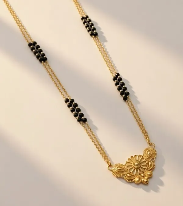 Gold-Plated_Floral_Pendant_Double-Layer_Mangalsutra_with_Classic_Black_Bead_Detail
