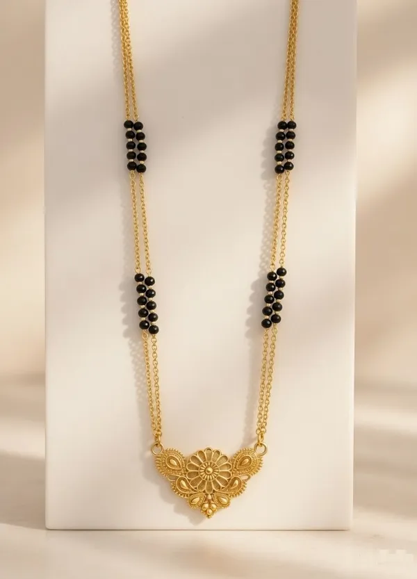 Gold-Plated_Floral_Pendant_Double-Layer_Mangalsutra_with_Classic_Black_Bead_Detail
