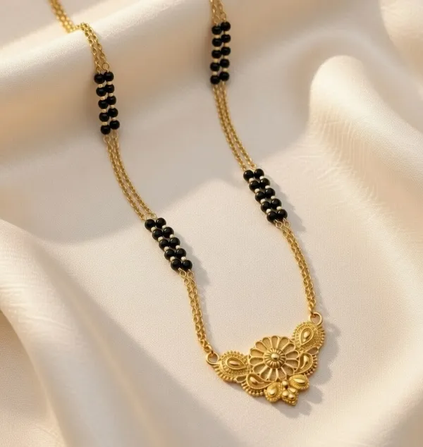 Gold-Plated_Floral_Pendant_Double-Layer_Mangalsutra_with_Classic_Black_Bead_Detail
