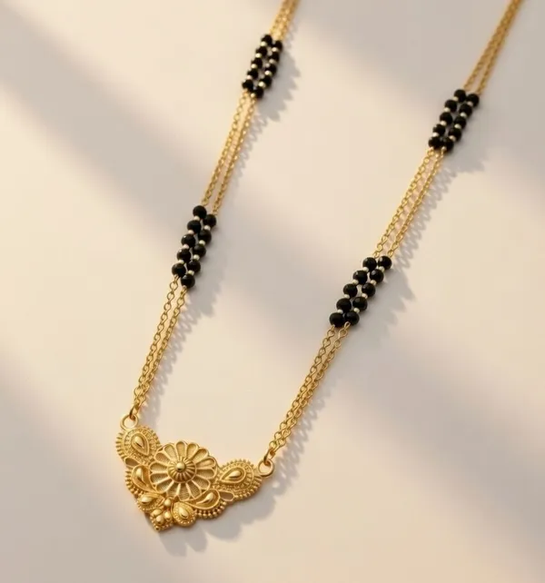 Gold-Plated_Floral_Pendant_Double-Layer_Mangalsutra_with_Classic_Black_Bead_Detail