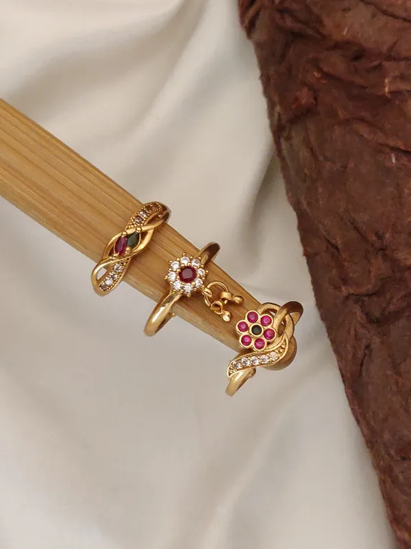 Gold-Plated_Floral_&_Stone_Finger_Ring_Set_–_Pack_of_3_Adjustable_Stylish_Rings_for_Women_&_Girls