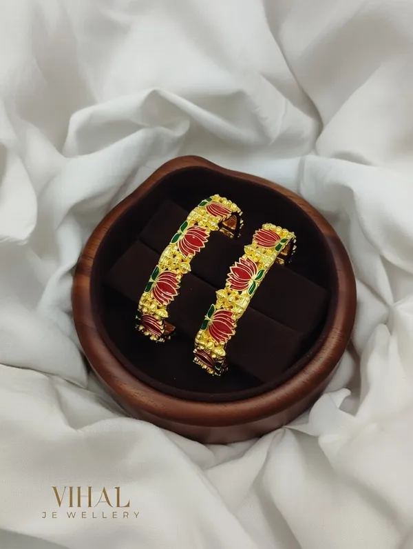 Gold-Plated_Meenakari_Lotus_Bangles_–_Set_of_2_Pink_&_Green_Hand-Painted_Kangan
