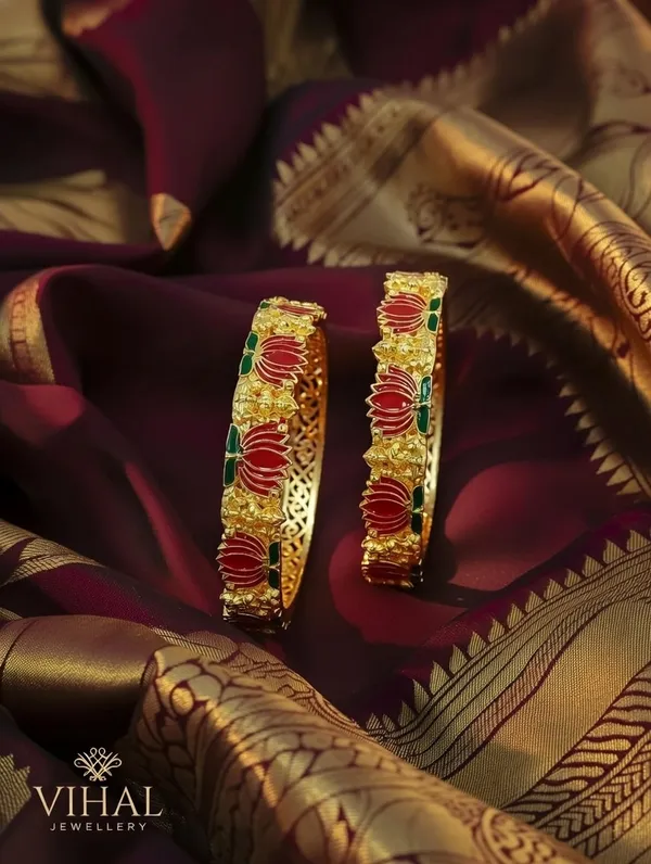 Gold-Plated_Meenakari_Lotus_Bangles_–_Set_of_2_Pink_&_Green_Hand-Painted_Kangan