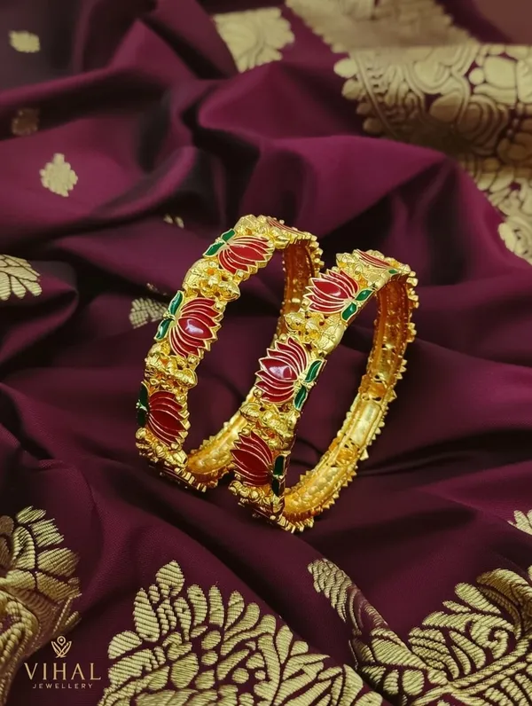 Gold-Plated_Meenakari_Lotus_Bangles_–_Set_of_2_Pink_&_Green_Hand-Painted_Kangan
