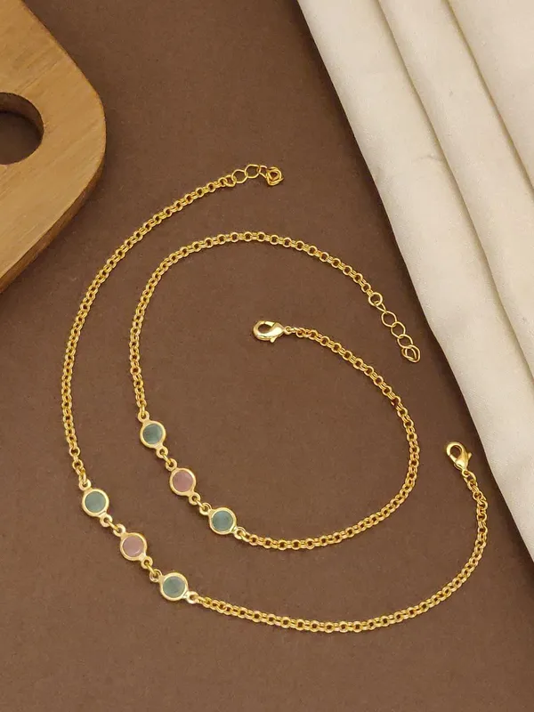 Gold_Plated_Pink_and_Green_round_brilliant_cut_diamond_Anklet_Set_for_Women