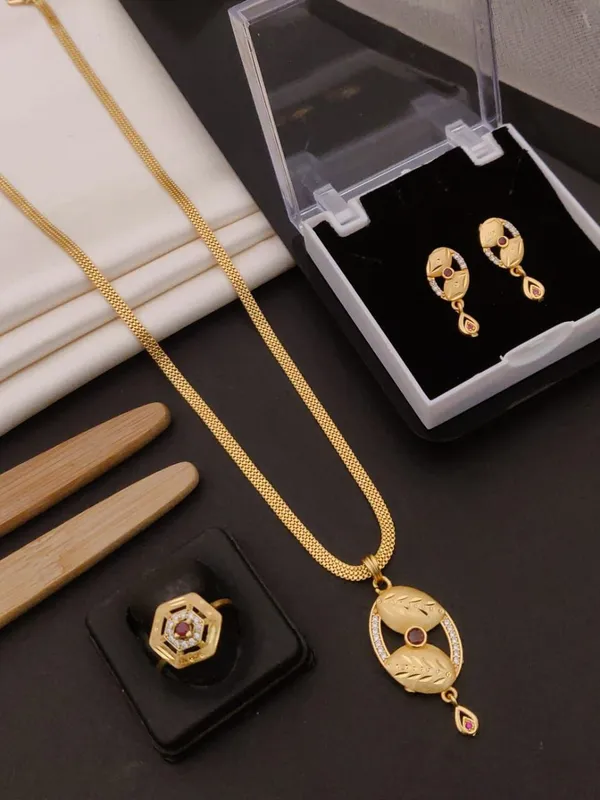 Gold-Plated_Teardrop_Pendant_Set_with_Dangle_Earrings_&_CZ_Ring_|_Ruby_Accent_Daily_Wear_Combo