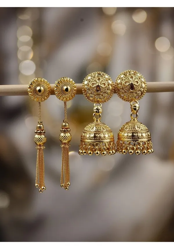 Gold-Plated_Traditional_Earring_Combo:_Classic_Ethnic_Jhumkas_and_Elegant_Long_Tassel_Drop_Earrings_for_Women