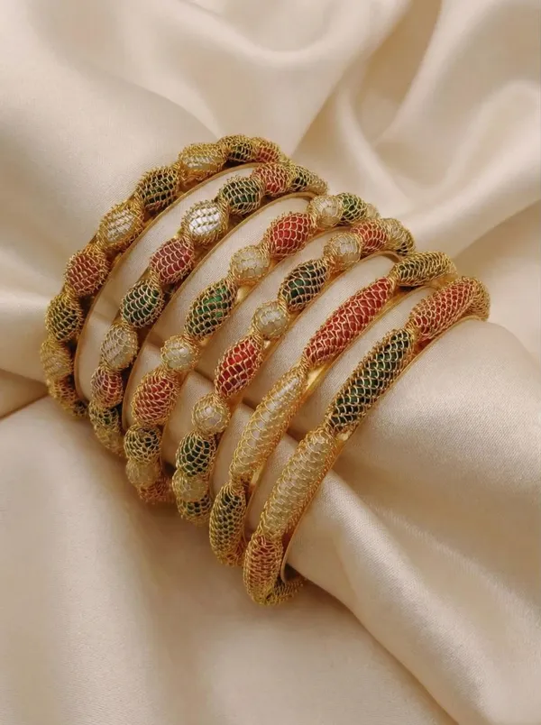 Handcrafted_Gold-Plated_Wire-Mesh_"Jali"_Bangles_with_Multi-Color_Beads