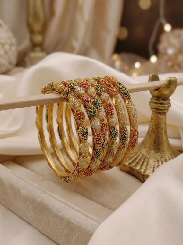 Handcrafted_Gold-Plated_Wire-Mesh_"Jali"_Bangles_with_Multi-Color_Beads