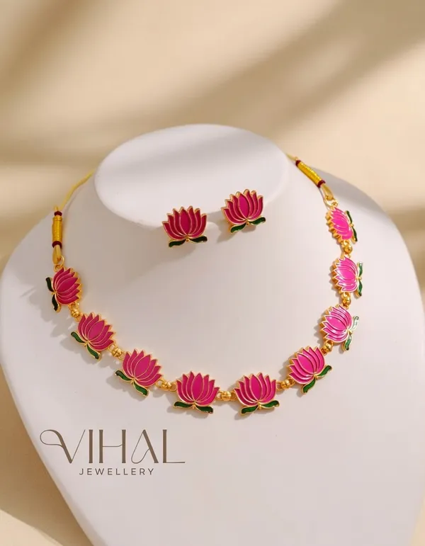 Handcrafted_Pink_Meenakari_Lotus_Necklace_Set_with_Matching_Stud_Earrings_|_Traditional_Floral_Jewelry_for_Women_&_Girls