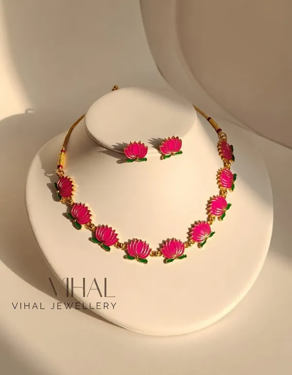 Handcrafted_Pink_Meenakari_Lotus_Necklace_Set_with_Matching_Stud_Earrings_|_Traditional_Floral_Jewelry_for_Women_&_Girls