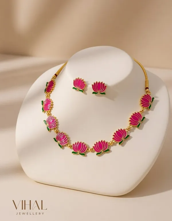 Handcrafted_Pink_Meenakari_Lotus_Necklace_Set_with_Matching_Stud_Earrings_|_Traditional_Floral_Jewelry_for_Women_&_Girls