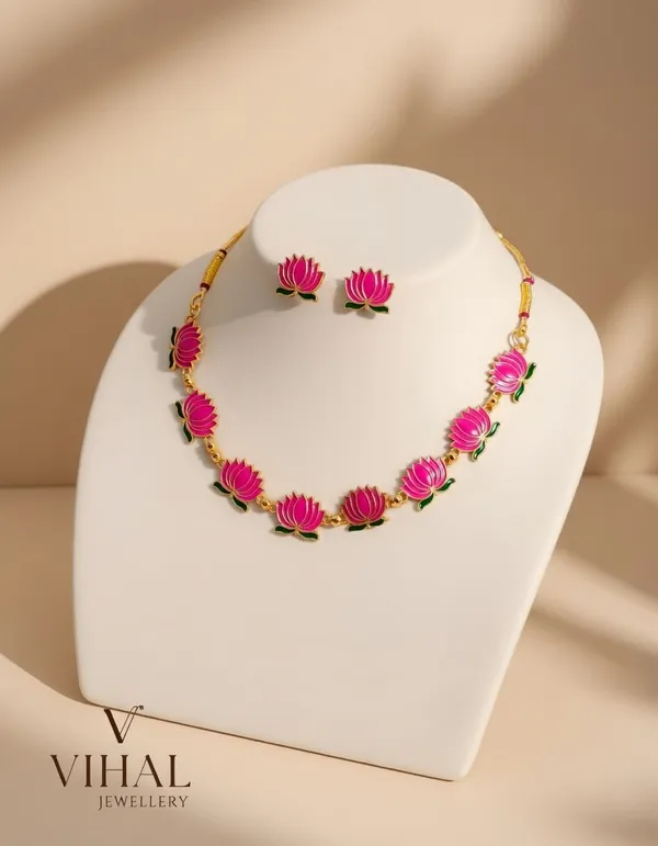 Handcrafted_Pink_Meenakari_Lotus_Necklace_Set_with_Matching_Stud_Earrings_|_Traditional_Floral_Jewelry_for_Women_&_Girls