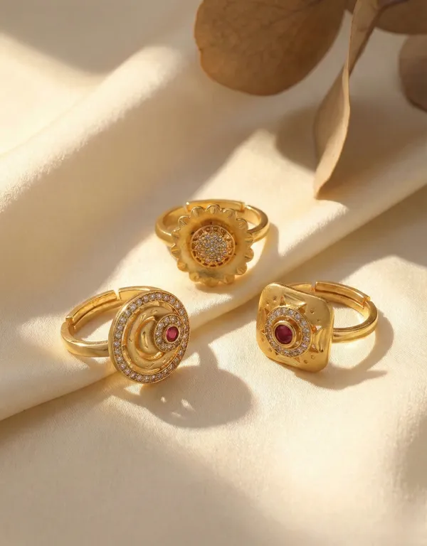 Trio_of_Traditional_Gold_Statement_Rings_with_Ruby_and_Zircon_Accents